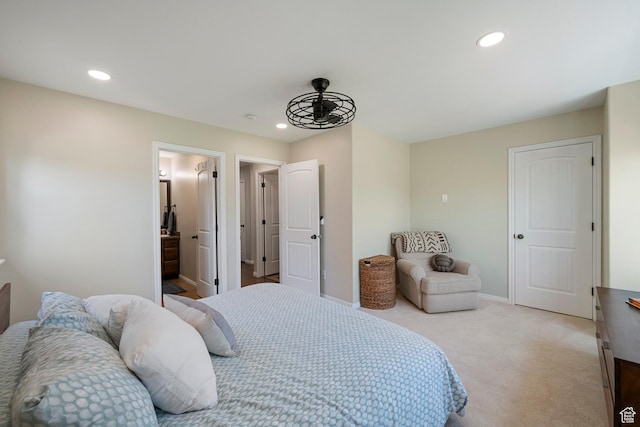 bedroom featuring recessed lighting, baseboards, and light colored carpet