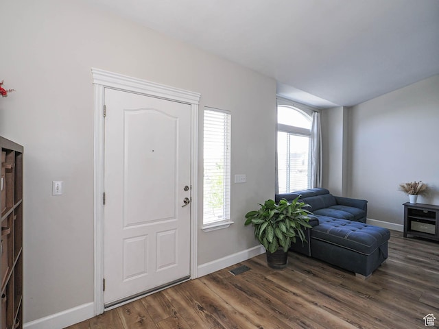foyer with wood finished floors, healthy amount of natural light, and baseboards