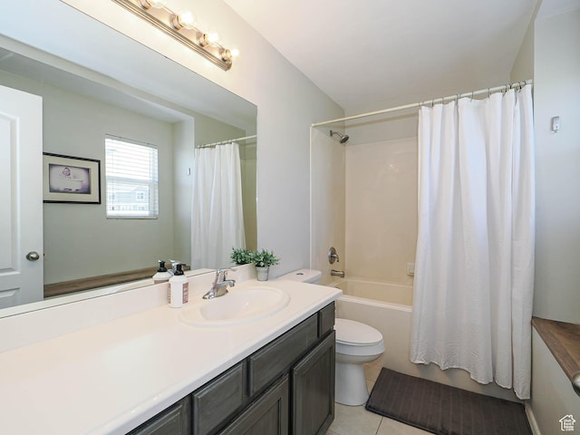 full bath with toilet, vanity, shower / bath combo, and tile patterned floors