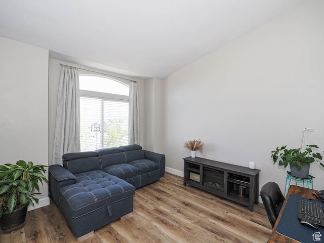 living area featuring wood finished floors and baseboards