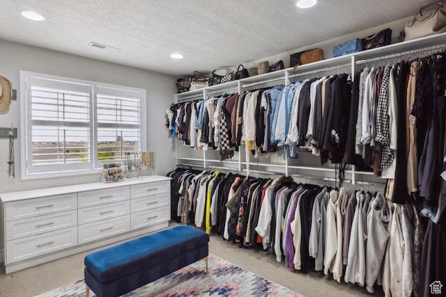 walk in closet featuring light carpet