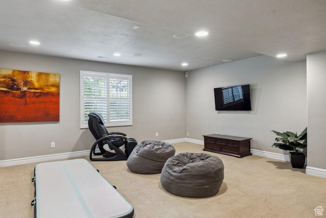 workout room featuring carpet flooring, recessed lighting, baseboards, and a textured ceiling