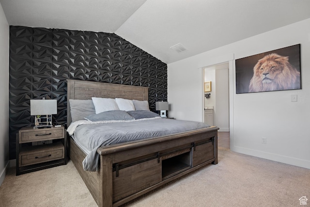 2005 N 4260 W, Lehi, UT 84043 - carpeted bedroom featuring an accent wall, vaulted ceiling, baseboards, ensuite bath, and wallpapered walls