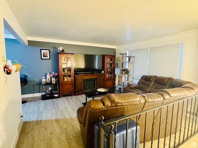 living room with light wood-style floors, a fireplace, and baseboards