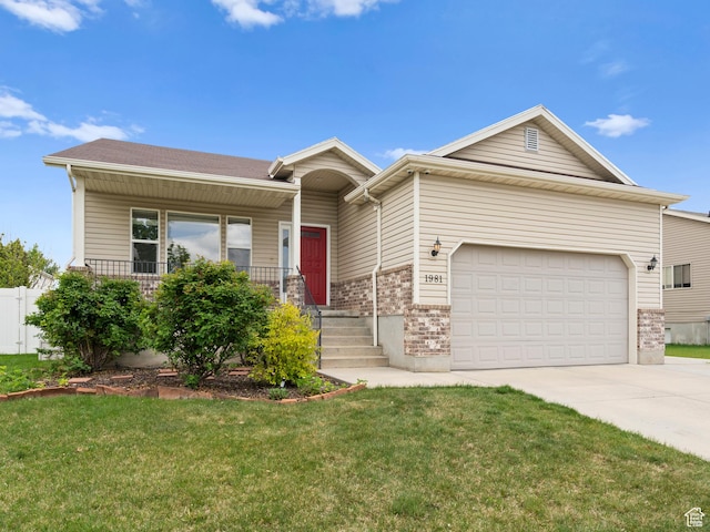 1981 S 1500 W, Woods Cross, UT 84087 - ranch-style house featuring driveway, brick siding, a front lawn, an attached garage, and a porch