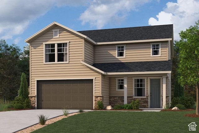 798 W 1710 N, Salem, UT 84653 - view of front of house featuring a garage, stone siding, concrete driveway, a front lawn, and a shingled roof