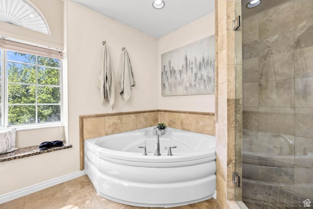 8017 S Showcase Ln, Sandy, UT 84094 - bathroom featuring a shower stall, a garden tub, recessed lighting, and baseboards