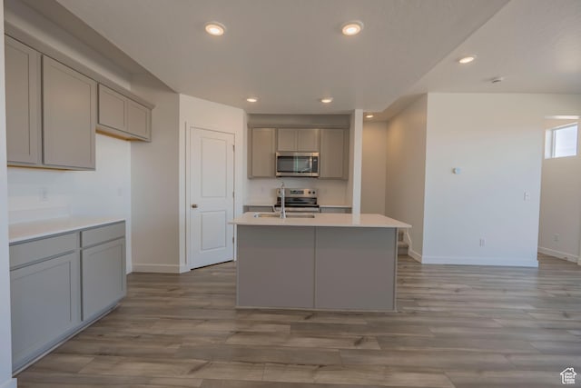 kitchen featuring gray cabinetry, stainless steel appliances, baseboards, recessed lighting, and light wood-style floors