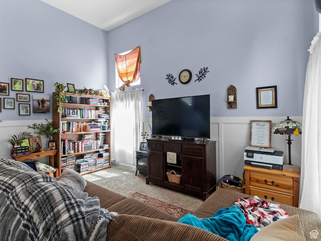 living room with wainscoting and carpet floors