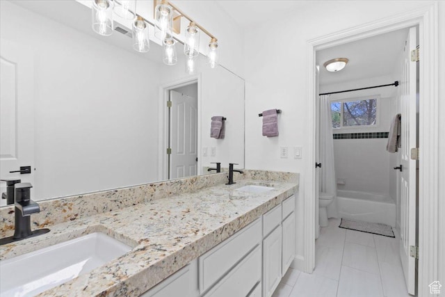 full bathroom with toilet, double vanity, shower / tub combo, and tile patterned flooring