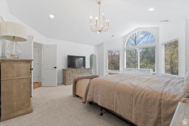bedroom with lofted ceiling, light colored carpet, a chandelier, and recessed lighting