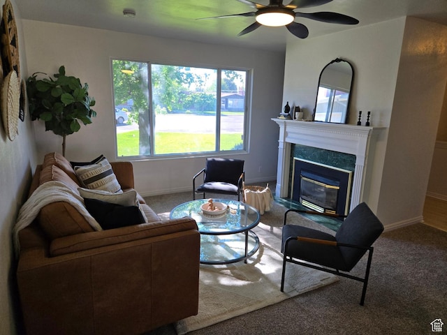 1731 S 145 E, Orem, UT 84058 - carpeted living room featuring baseboards, a ceiling fan, and a high end fireplace