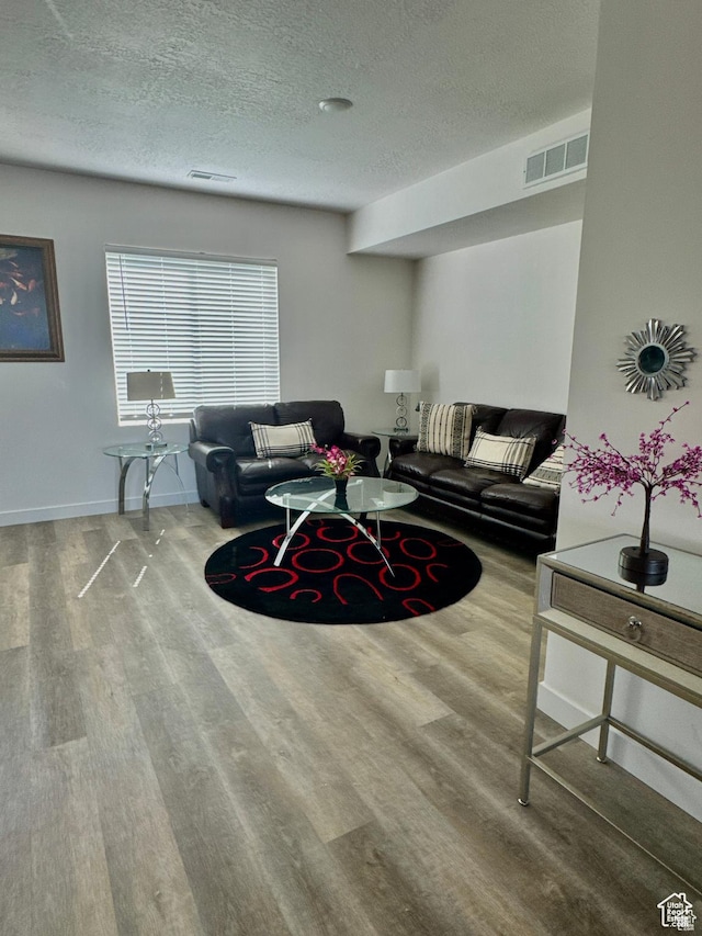 living area featuring wood finished floors, a textured ceiling, and baseboards