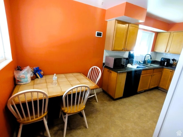 kitchen with a sink, black dishwasher, tasteful backsplash, and tile counters