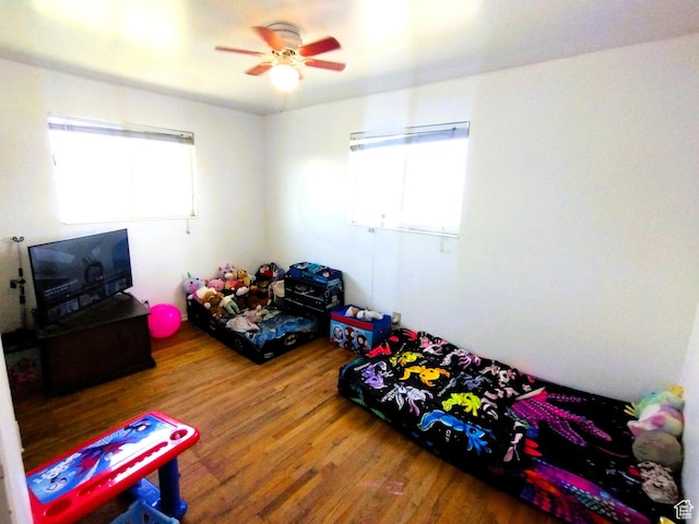 recreation room featuring plenty of natural light, wood finished floors, and a ceiling fan