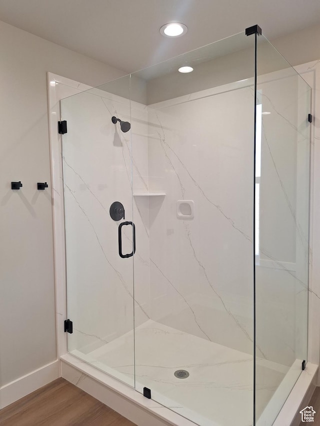 1734 N 4100 W, Plain City, UT 84404 - full bathroom featuring a marble finish shower, wood finished floors, recessed lighting, and baseboards