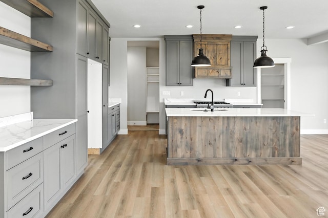 1734 N 4100 W, Plain City, UT 84404 - kitchen with open shelves, light wood-style floors, recessed lighting, and gray cabinetry