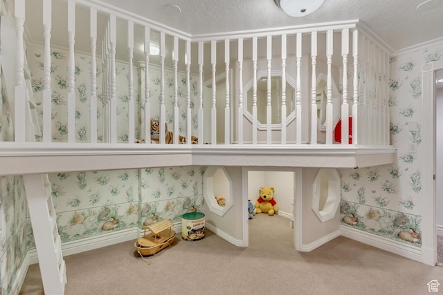 542 E 10000 S, Salem, UT 84653 - detailed view of carpet, baseboards, a textured ceiling, wallpapered walls, and ornamental molding