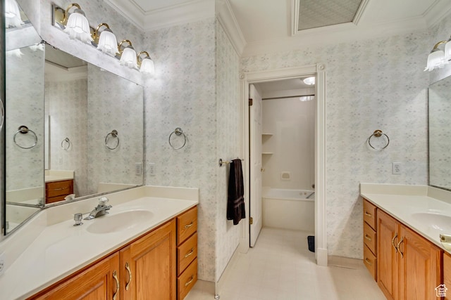 542 E 10000 S, Salem, UT 84653 - full bathroom with wallpapered walls, crown molding, and two vanities
