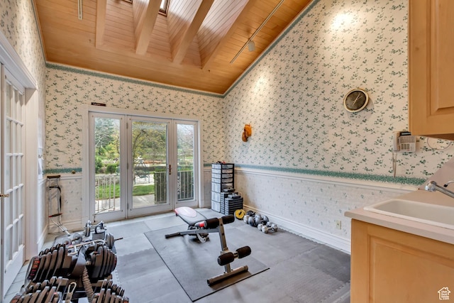 542 E 10000 S, Salem, UT 84653 - workout area featuring wallpapered walls, wooden ceiling, vaulted ceiling, a sink, and a wainscoted wall