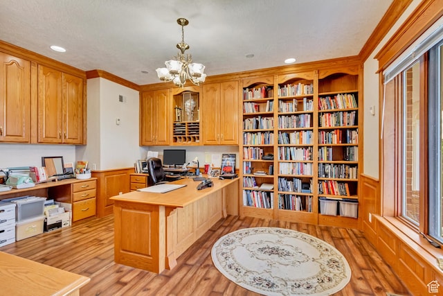 542 E 10000 S, Salem, UT 84653 - office space featuring light wood-style floors, a chandelier, crown molding, a textured ceiling, and built in study area
