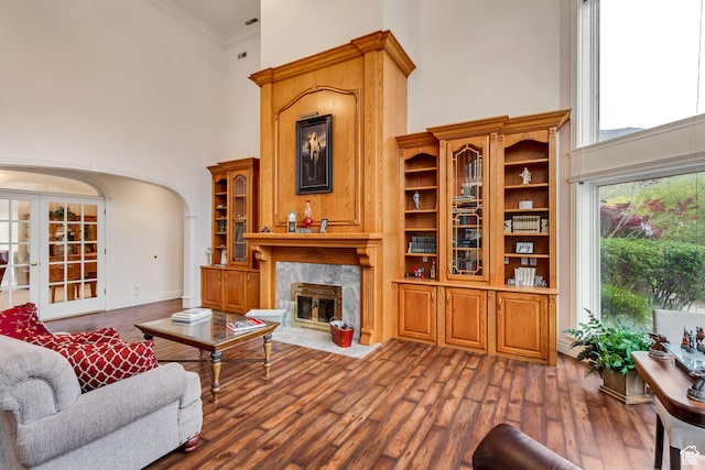 542 E 10000 S, Salem, UT 84653 - living room featuring a high ceiling, a premium fireplace, arched walkways, dark wood-style flooring, and ornamental molding