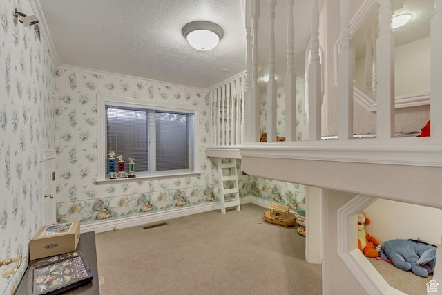 542 E 10000 S, Salem, UT 84653 - playroom with wallpapered walls, crown molding, a textured ceiling, and carpet floors