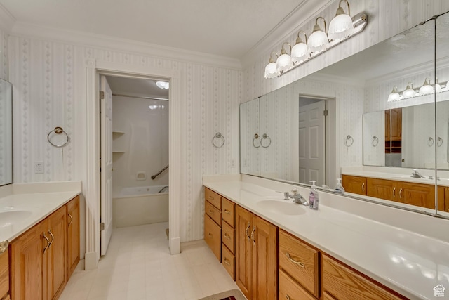 542 E 10000 S, Salem, UT 84653 - full bathroom featuring wallpapered walls, ornamental molding, two vanities, and  shower combination