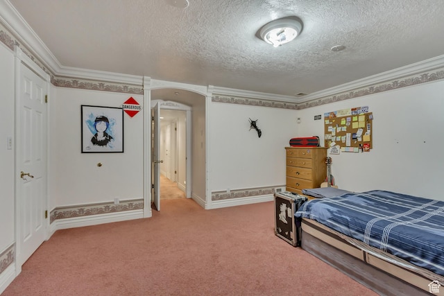 542 E 10000 S, Salem, UT 84653 - bedroom with a textured ceiling, arched walkways, light colored carpet, ornamental molding, and baseboards