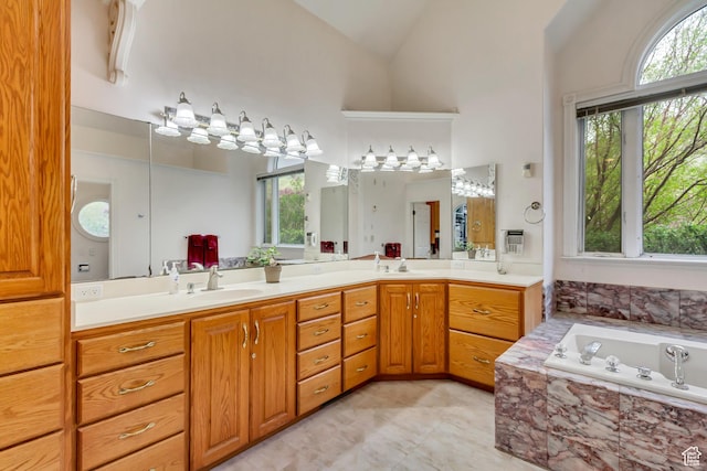 542 E 10000 S, Salem, UT 84653 - full bathroom with a bath, double vanity, tile patterned flooring, and high vaulted ceiling