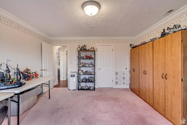 542 E 10000 S, Salem, UT 84653 - office space with arched walkways, wallpapered walls, crown molding, carpet flooring, and a textured ceiling