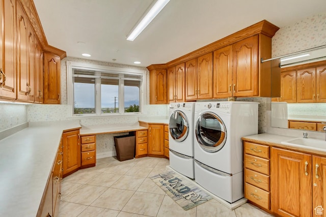 542 E 10000 S, Salem, UT 84653 - laundry room with cabinet space, washer and dryer, light tile patterned floors, and wallpapered walls