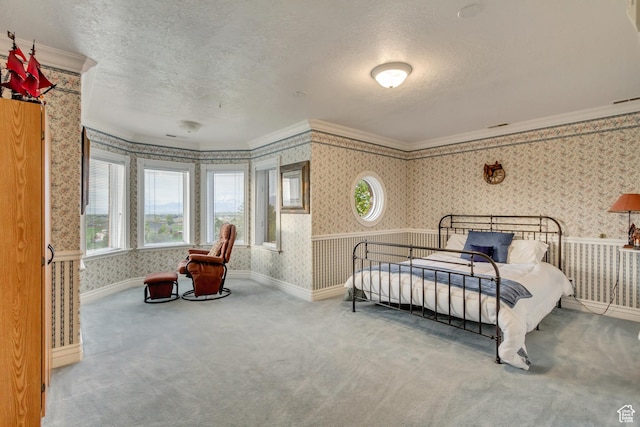 542 E 10000 S, Salem, UT 84653 - carpeted bedroom with wallpapered walls, a textured ceiling, crown molding, and baseboards