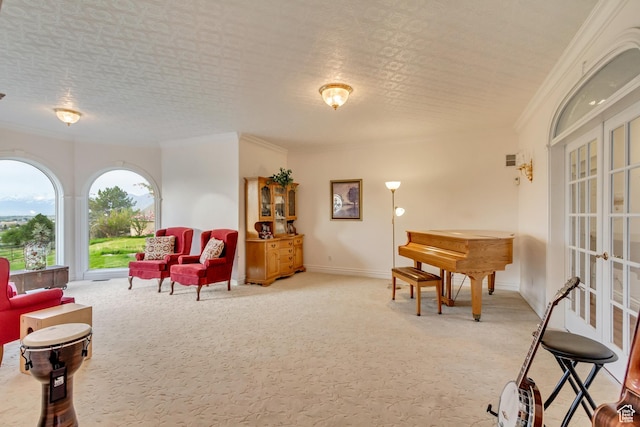 542 E 10000 S, Salem, UT 84653 - sitting room featuring light colored carpet, french doors, a textured ceiling, ornamental molding, and baseboards
