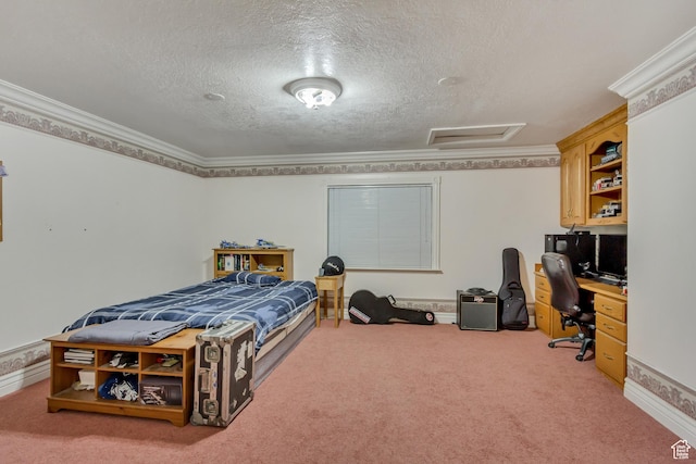 542 E 10000 S, Salem, UT 84653 - bedroom with a desk, a textured ceiling, attic access, carpet floors, and ornamental molding