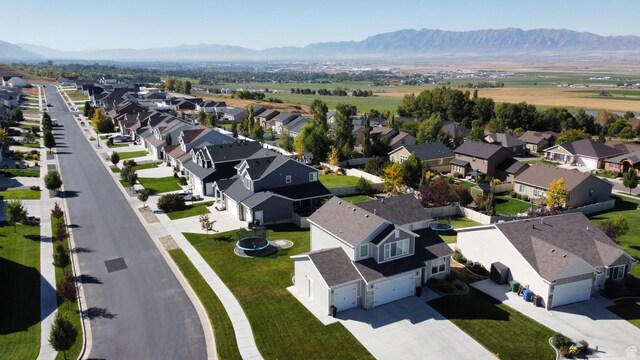 aerial view of residential area with a mountain backdrop