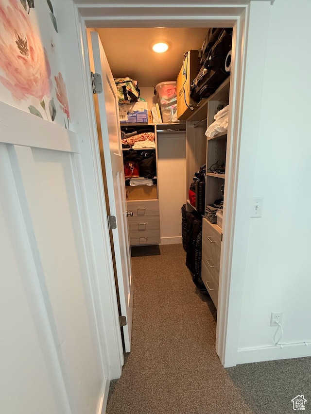 walk in closet featuring dark carpet