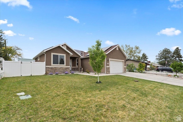 single story home with stucco siding, stone siding, concrete driveway, and a gate