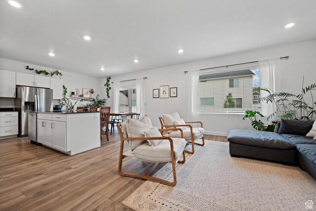 living area with wood finished floors and recessed lighting
