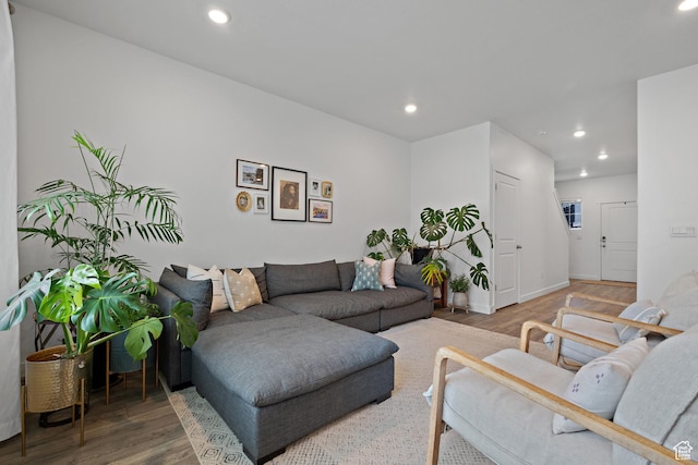 living area with wood finished floors and recessed lighting