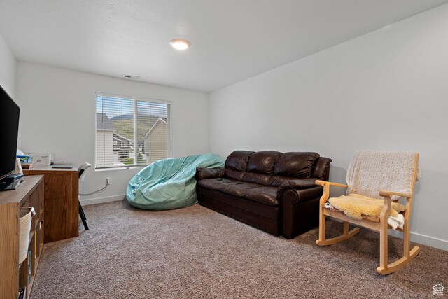 carpeted living room featuring baseboards and an office area