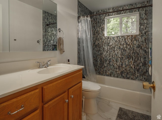 bathroom with shower / bathtub combination with curtain, toilet, vanity, and marble finish floors