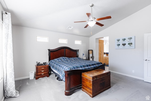 bedroom featuring carpet, baseboards, lofted ceiling, and ceiling fan