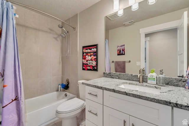 5402 N Meadow Lark Ln, Lehi, UT 84043 - full bath with toilet, shower / bath combo, vanity, and a textured ceiling