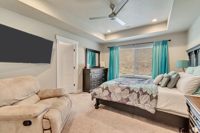 5402 N Meadow Lark Ln, Lehi, UT 84043 - carpeted bedroom with a tray ceiling, ceiling fan, a textured ceiling, and recessed lighting