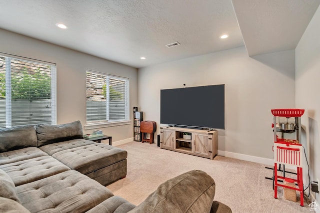 5402 N Meadow Lark Ln, Lehi, UT 84043 - carpeted living area with a textured ceiling, baseboards, and recessed lighting
