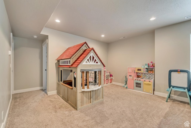 5402 N Meadow Lark Ln, Lehi, UT 84043 - recreation room featuring light carpet, recessed lighting, a textured ceiling, and baseboards