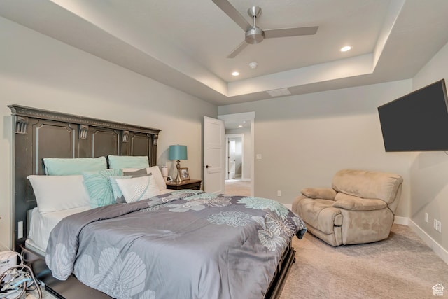 5402 N Meadow Lark Ln, Lehi, UT 84043 - bedroom featuring recessed lighting, light carpet, baseboards, a ceiling fan, and a tray ceiling