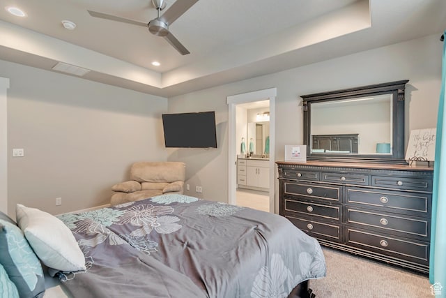 5402 N Meadow Lark Ln, Lehi, UT 84043 - bedroom with a tray ceiling, light carpet, ensuite bathroom, ceiling fan, and recessed lighting