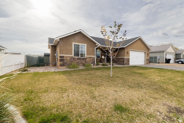 730 S 500 E, Roosevelt, UT 84066 - ranch-style house featuring stone siding, concrete driveway, an attached garage, and stucco siding